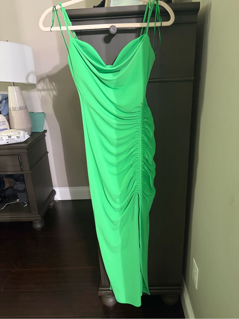 Zara Neon Green Cowl Neck Ruched Midi Dress